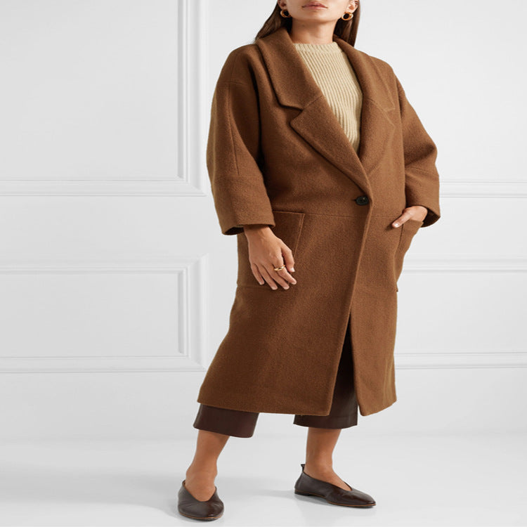 Women's Long Oversized Coat in Relaxed Wool Blend with Large Shawl Collar and Patch Pockets Chichicherry