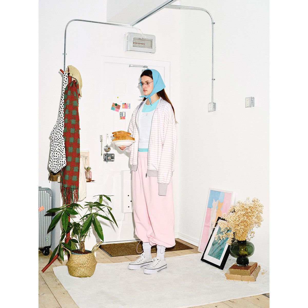 Women's Striped Hooded Zip Jacket in Boxy Cut with Ribbed Cuffs and Concealed Seam Pockets Chichicherry