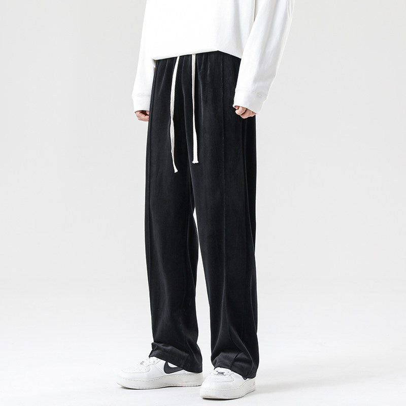 Men's Wide Velvet Jogging Pants with Elastic Waistband and Drawstring Chichicherry
