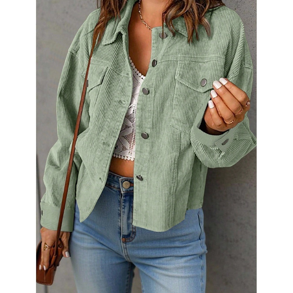 Women's short cord jacket with oversized fit, chest pockets and snap button placket Chichicherry