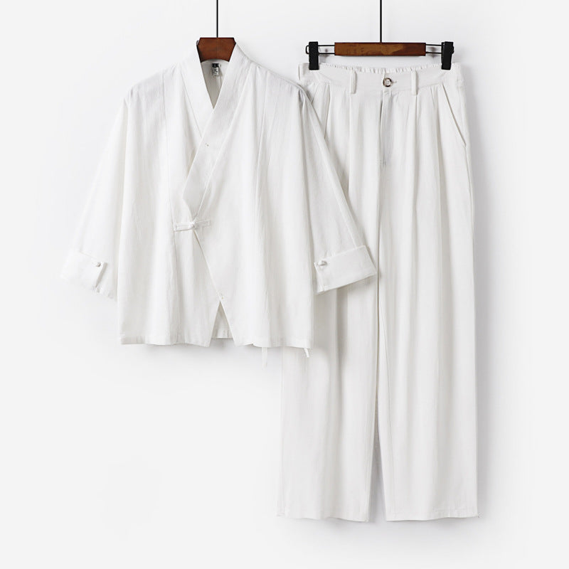 Men's Modern Zen Loungewear Set made of Lightweight Material with Short Kimono and Tailored Tapered Trousers Chichicherry