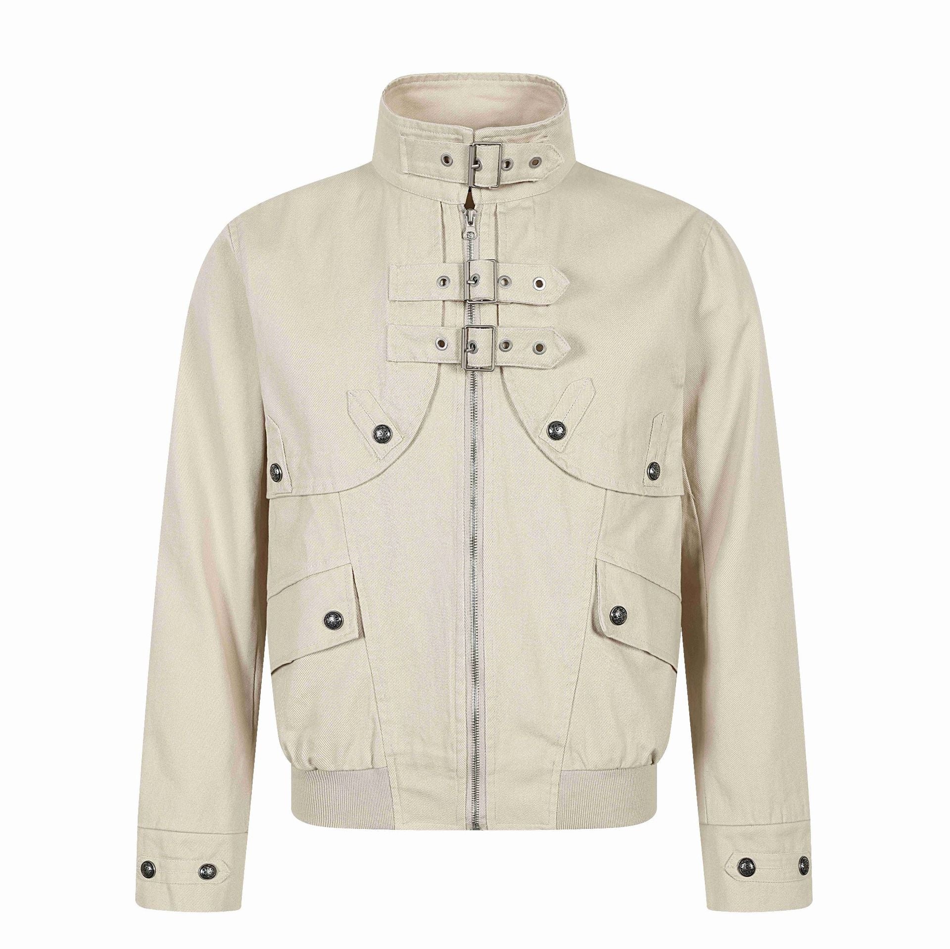 Unisex Short-cut Canvas Field Blouson with Buckle Placket, Utility Pockets and High Standing Collar Chichicherry