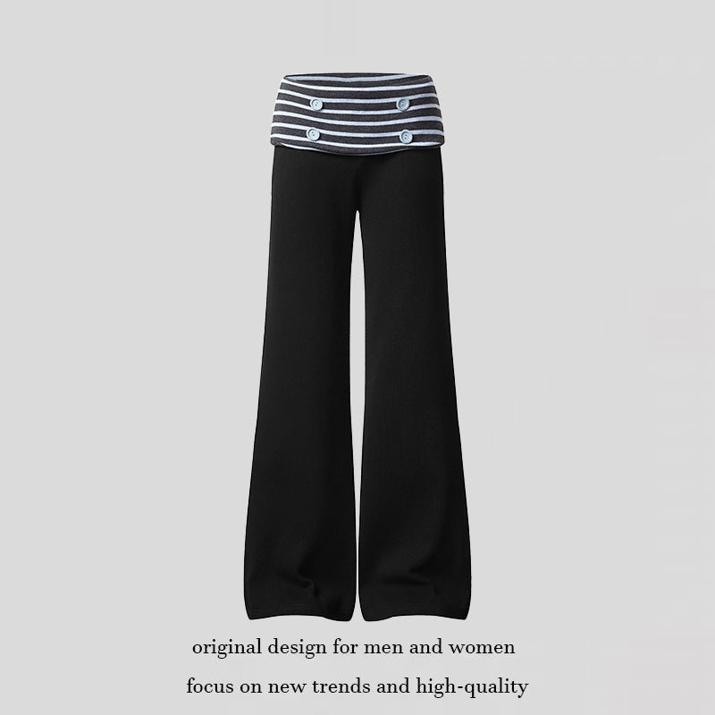 Women's Wide Loungewear Pants with Cuffable Striped Waistband and Decorative Buttons Chichicherry