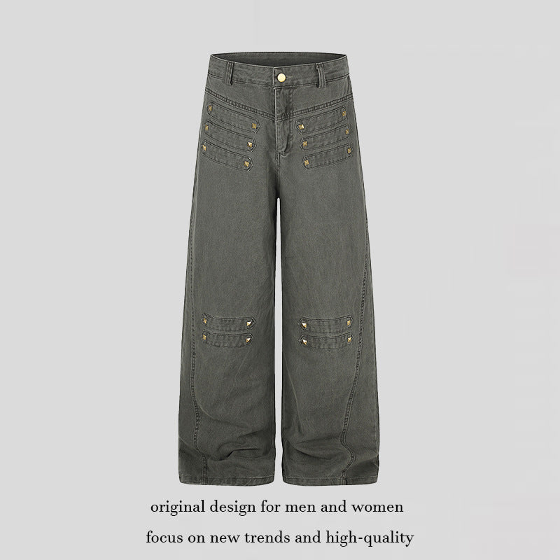 Women's Wide High-Waist Culotte Jeans in Utility Look with Decorative Tabs and Metal Rivets Chichicherry