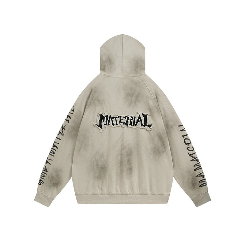 Unisex Oversize Hoodie with Vintage Tie Dye, Gothic Print and Raglan Sleeves Chichicherry