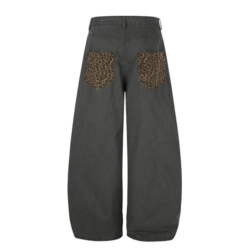 Women's Wide High-Waist Palazzo Jeans with Leopard Inserts and Side Pockets Chichicherry