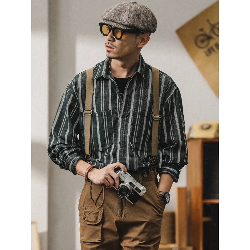 Herren Gestreiftes Overshirt-Hemd aus Baumwoll-Leinen mit Brusttaschen Chichicherry
