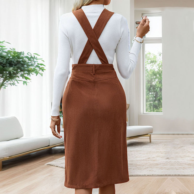 Ladies' Strap Midi Dress with Deep V-Neck, Fitted Waistband, and Front Slit Chichicherry
