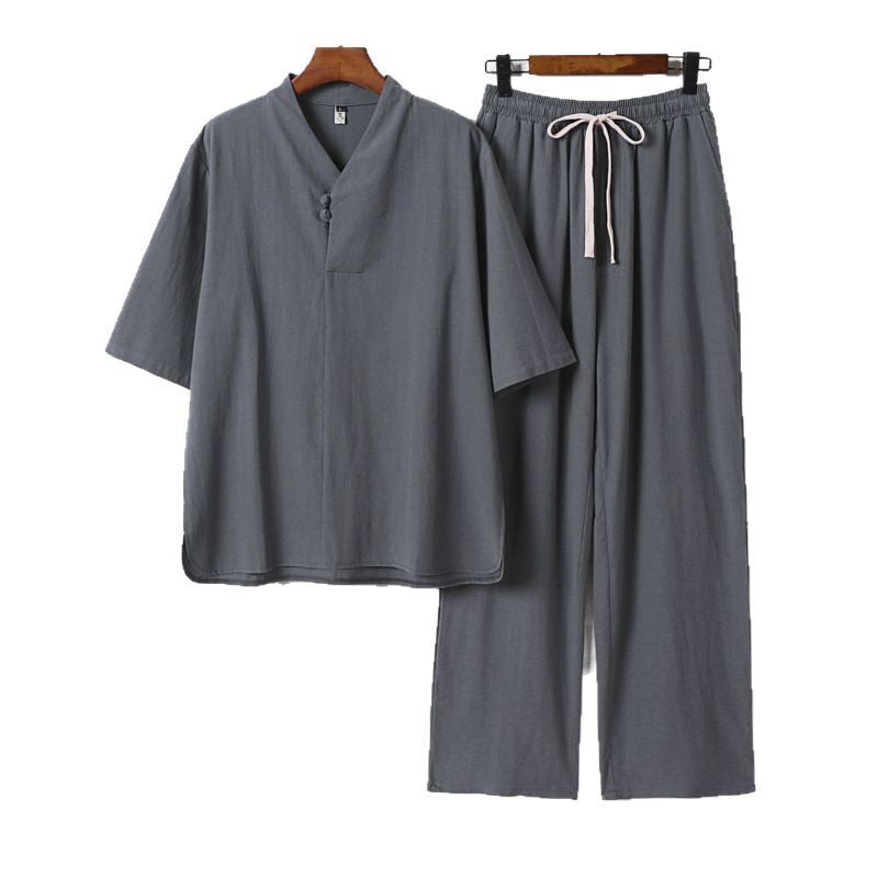 Men's Two-Piece Lightweight Loungewear Set with Stand Collar Short Sleeve Shirt and Drawstring Pants Chichicherry