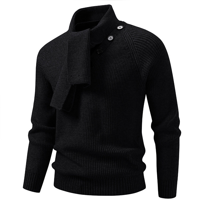 Men's knitted sweater with integrated funnel collar scarf and button detail Chichicherry