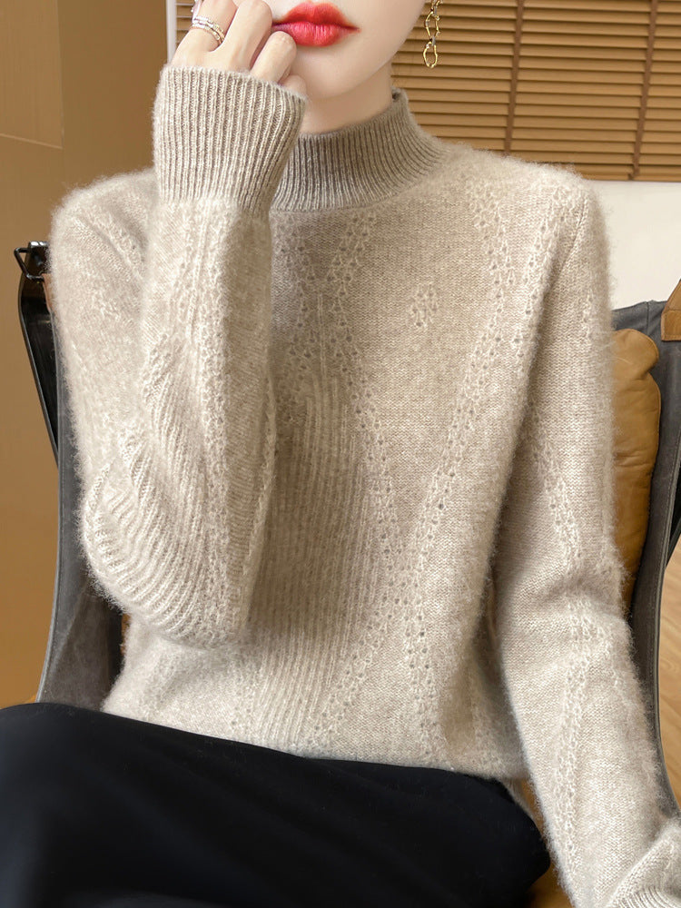 Women's Light Mockneck Fine Knit Sweater with Eyelet Chevron and Cashmere Soft Finish Chichicherry