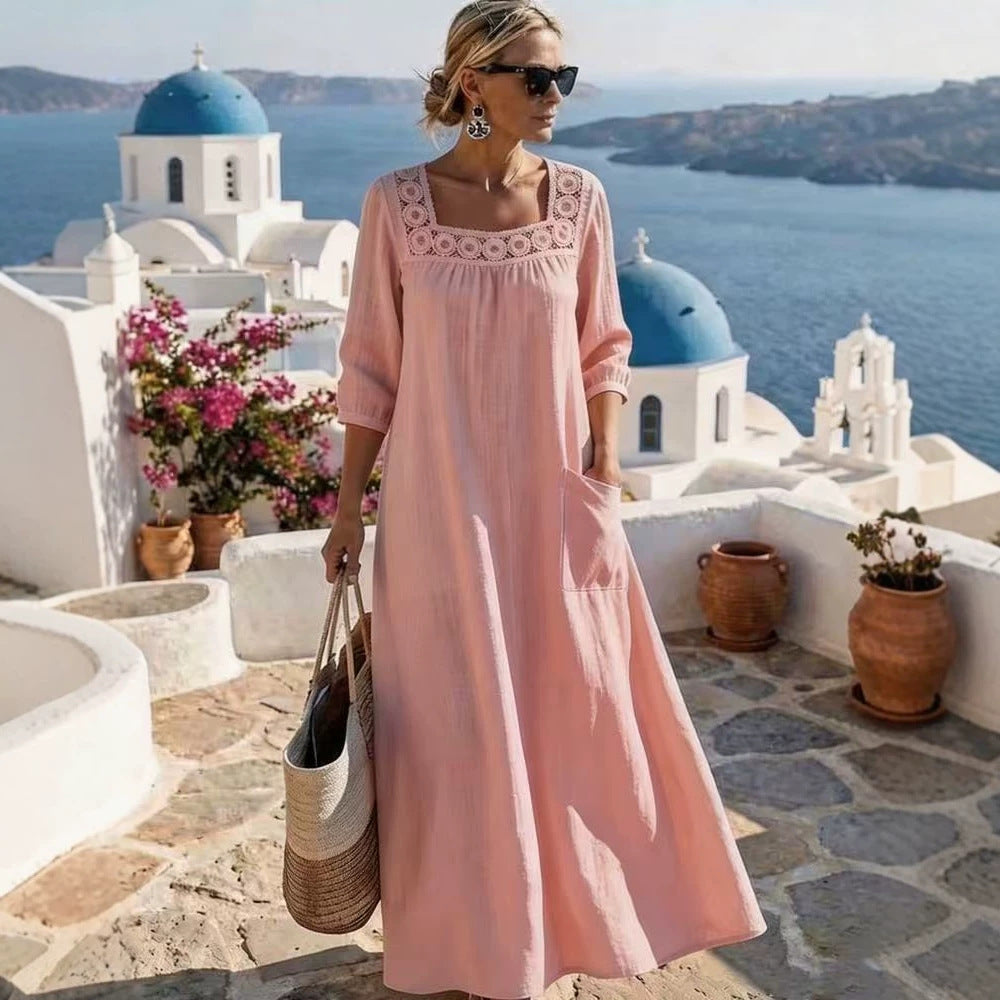 Women's maxi dress with crochet square neckline, three-quarter sleeves, and pocket Chichicherry