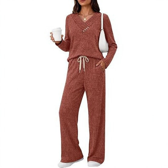 Women's Soft Ribbed Lounge Set with V-Neck and Drawstring Waist