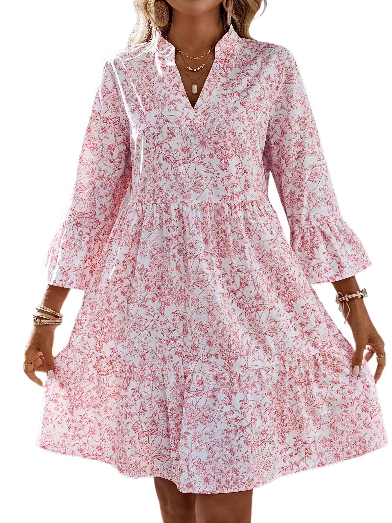 Women Light Viscose Tunic Dress with Floral Print V-Neck and Ruffle Sleeves Chichicherry