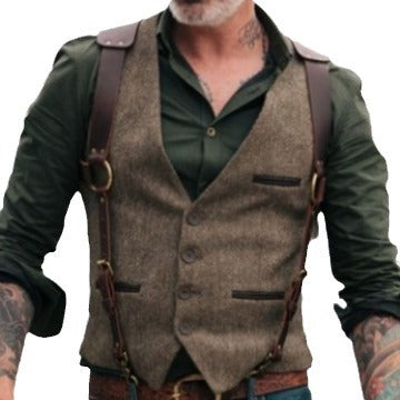 Herren Tweed‑Weste mit Lederträgern und Vintage‑Details Chichicherry