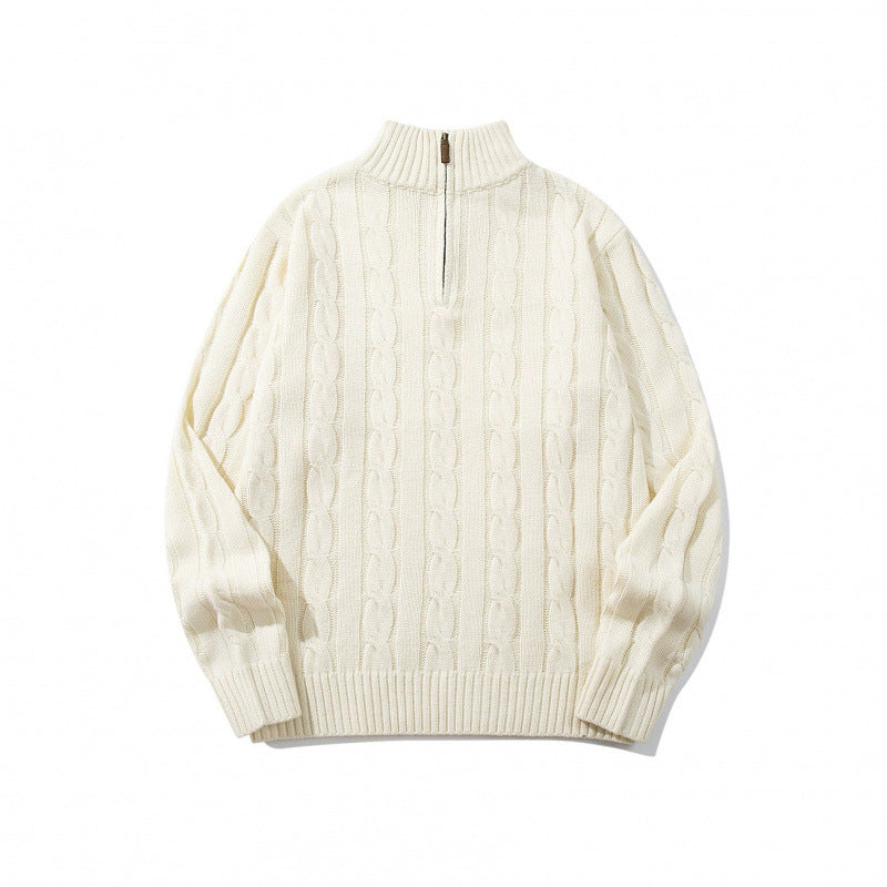 Unisex Coarse Knitted Half-Zip Cable Pattern Sweater with Stand-Up Collar and Ribbed Edges Chichicherry