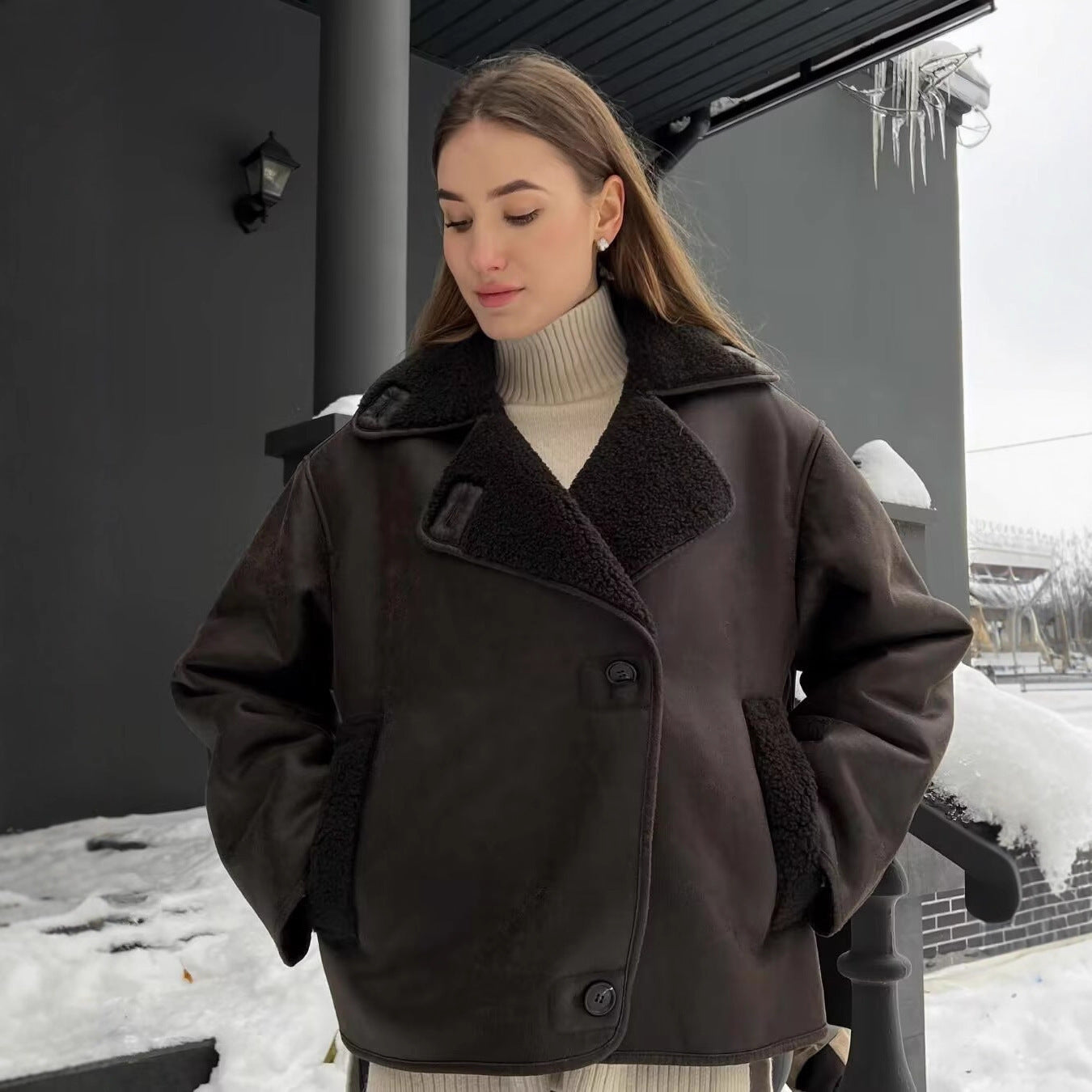 Women's Boxy Short Jacket made of Faux Suede with Teddy Collar and Concealed Button Placket Chichicherry