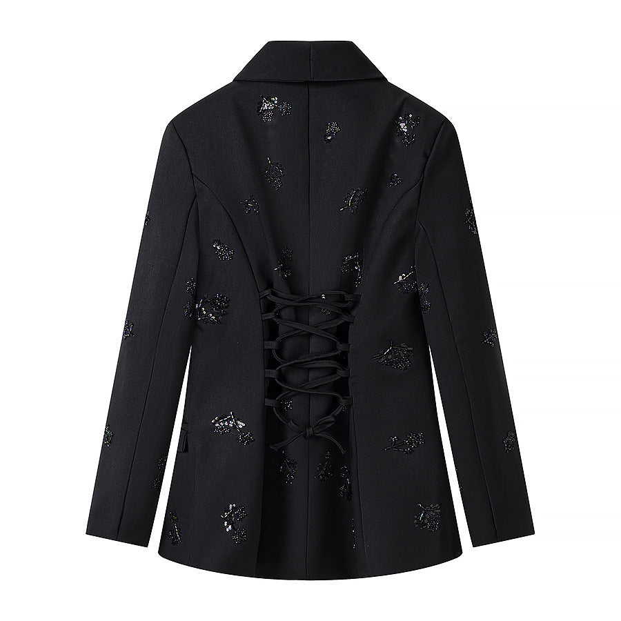 Women's Double-Breasted Blazer with Sequin Flowers and Shawl Collar Chichicherry