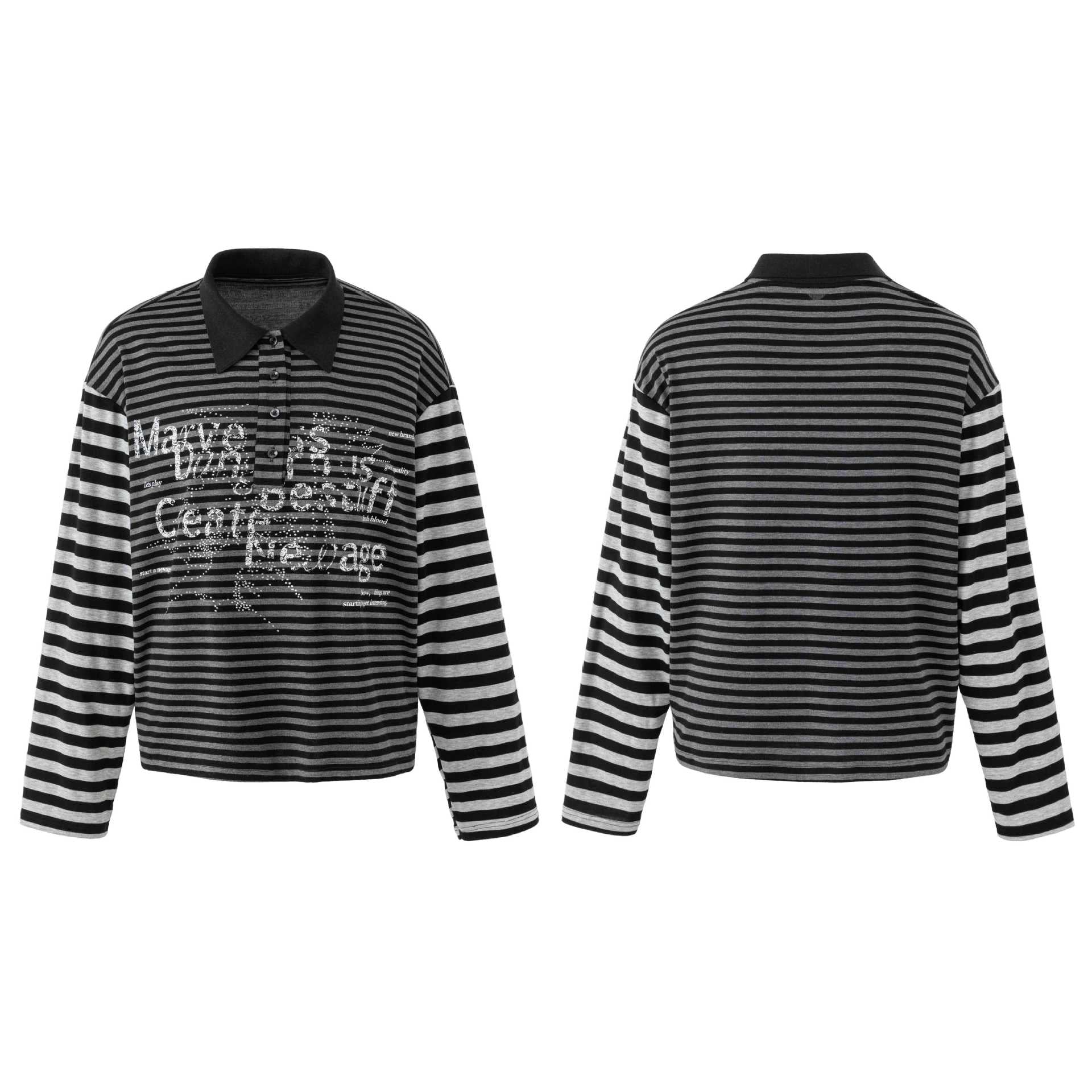 Women's Striped Long Sleeve Polo with Large Kent Collar, Print and Rhinestone Applications Chichicherry