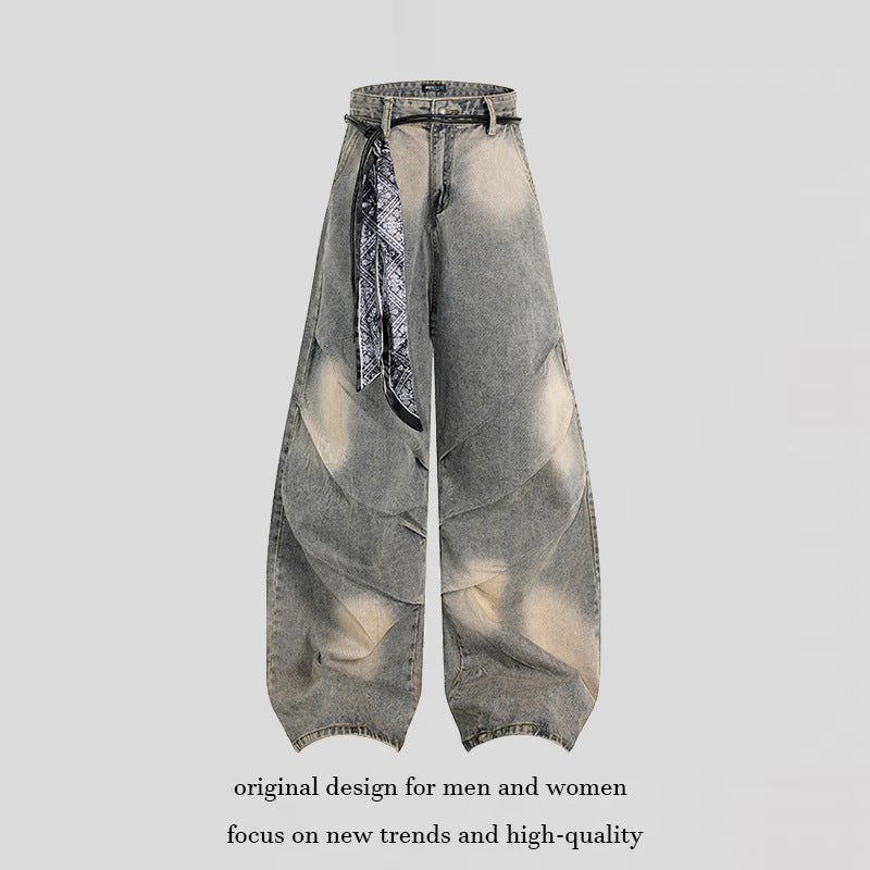 Women's extra wide distressed jeans in baggy cut with tie-dye wash and scarf belt Chichicherry