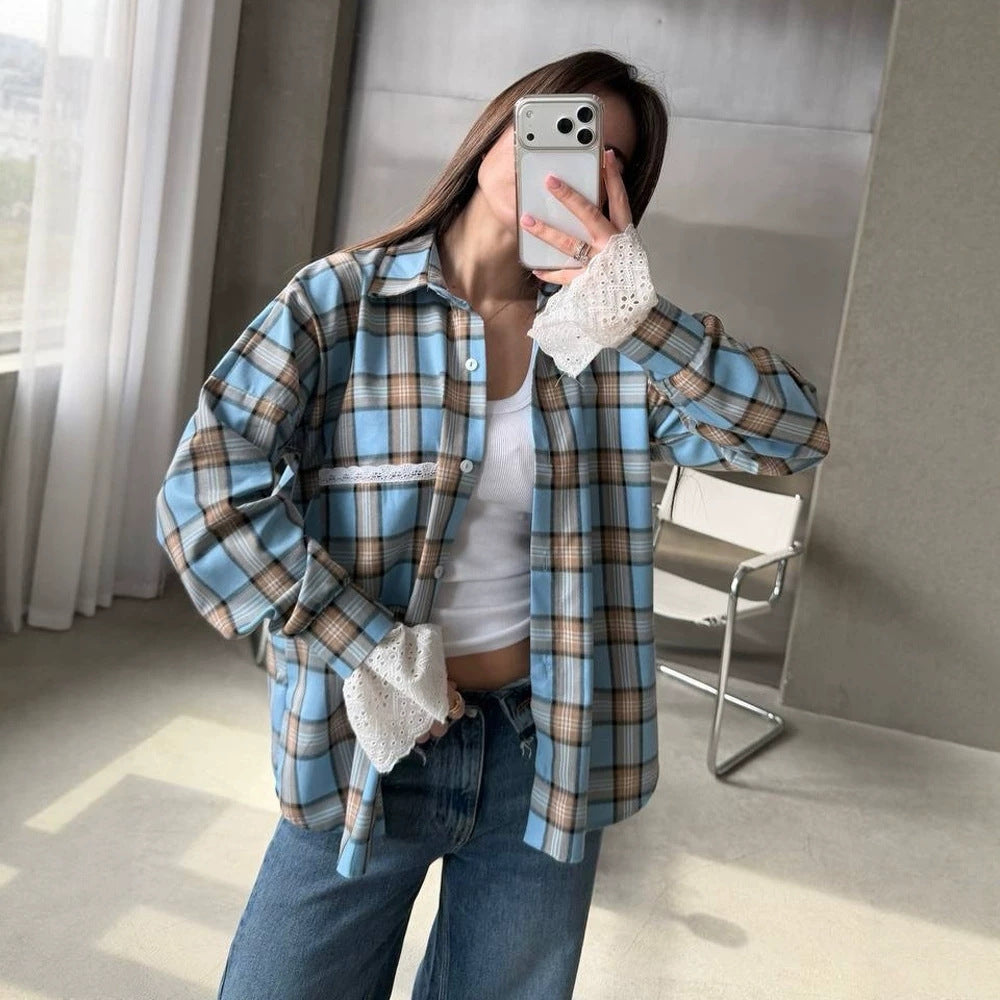 Women’s Oversize Checked Flannel Shirt with Lace Cuffs and Decorative Piping Chichicherry