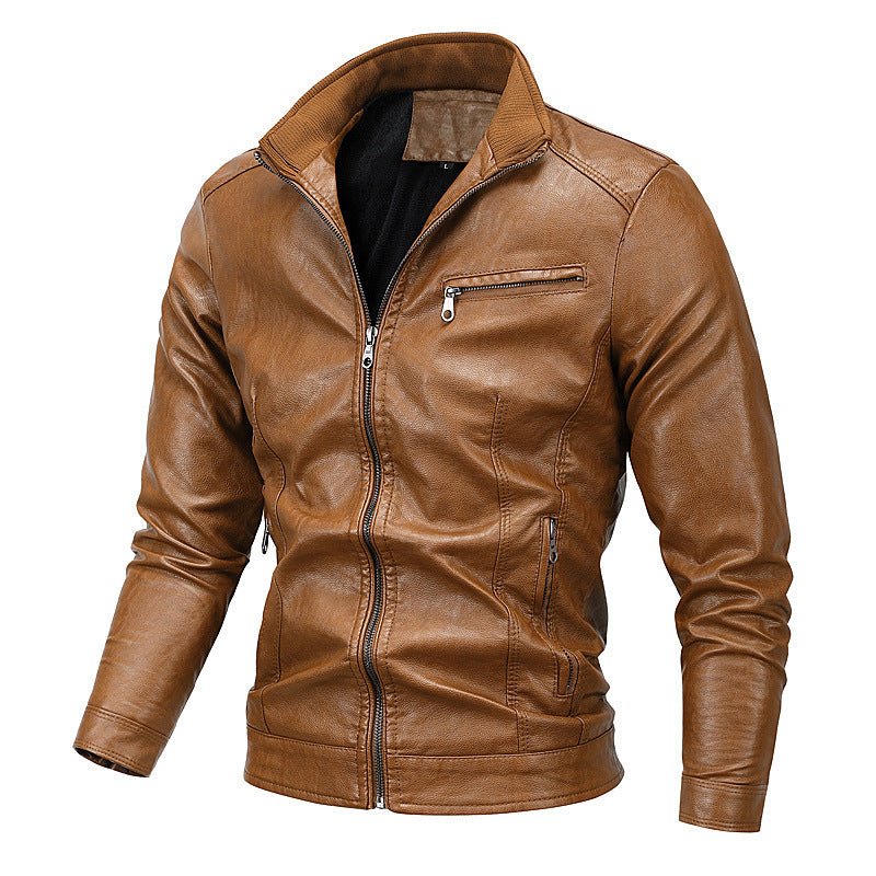 Men's Slim Faux Leather Moto Jacket with Stand Collar and Zip Chichicherry