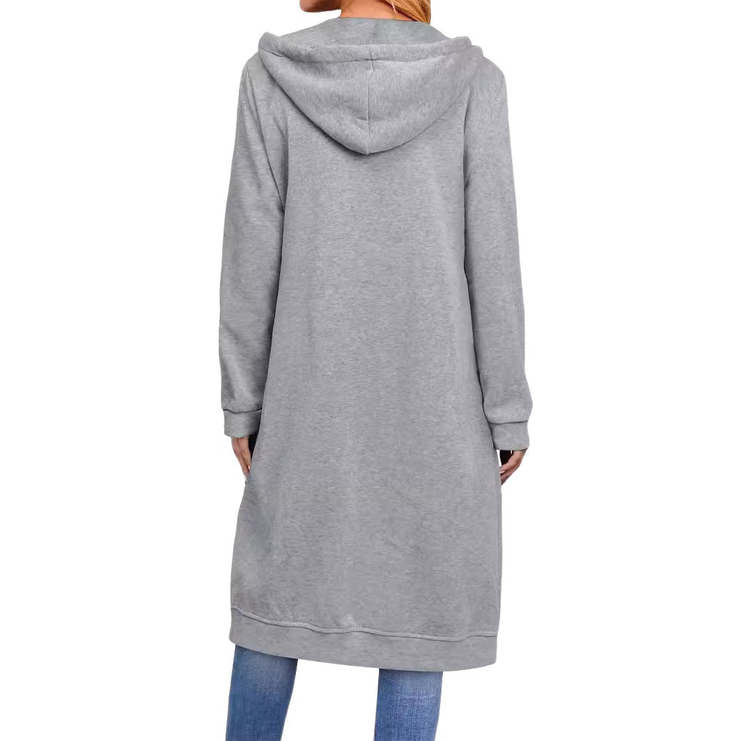 Women Long Hooded Sweat Coat with Two-Way Zipper and Kangaroo Pockets