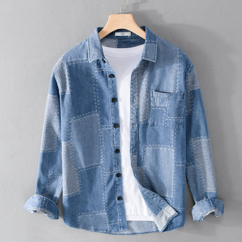 Men's patchwork shirt jacket made of textured denim with visible seams and chest pocket Chichicherry