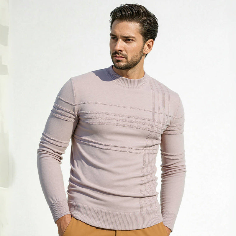 Men's Structured Fine Knit Pullover with Round Neck and Decorative Stripe Relief Seams Chichicherry