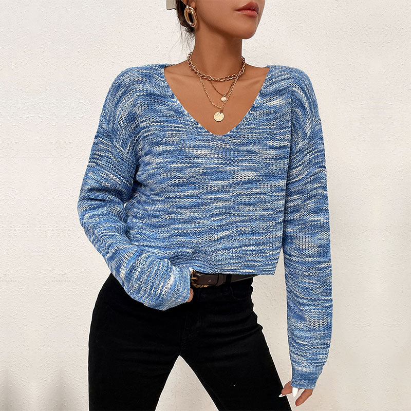 Women's Short Cut Off-Shoulder Knit Sweater with Melange Openwork Structure Chichicherry