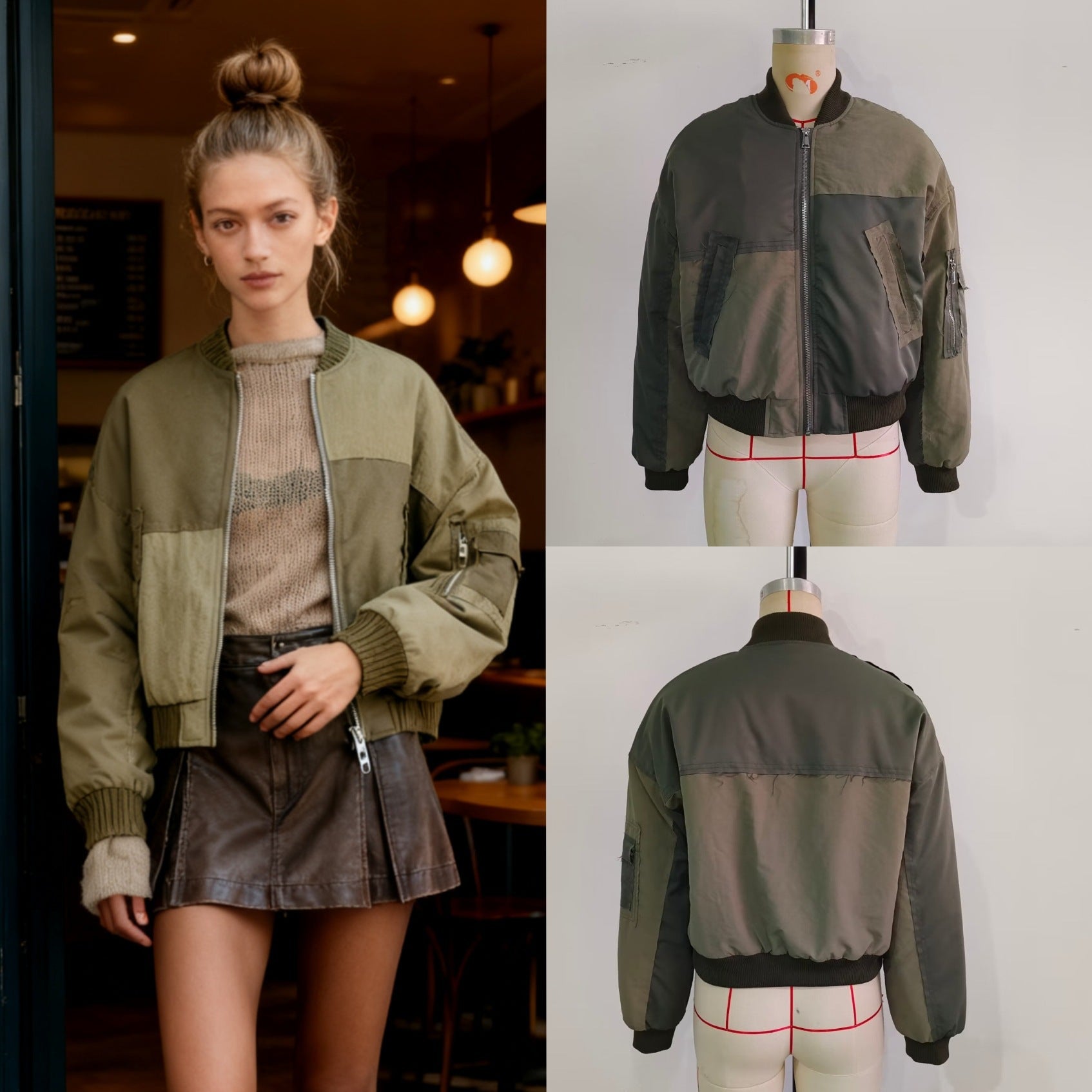 Women's Short Oversized Bomber Jacket with Utility Pockets and Ribbed Cuffs Chichicherry