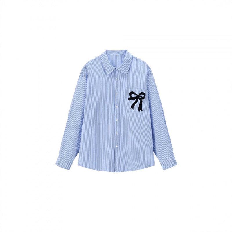 Women Oversize Casual Shirt with fine pinstripe and decorative bow application Chichicherry