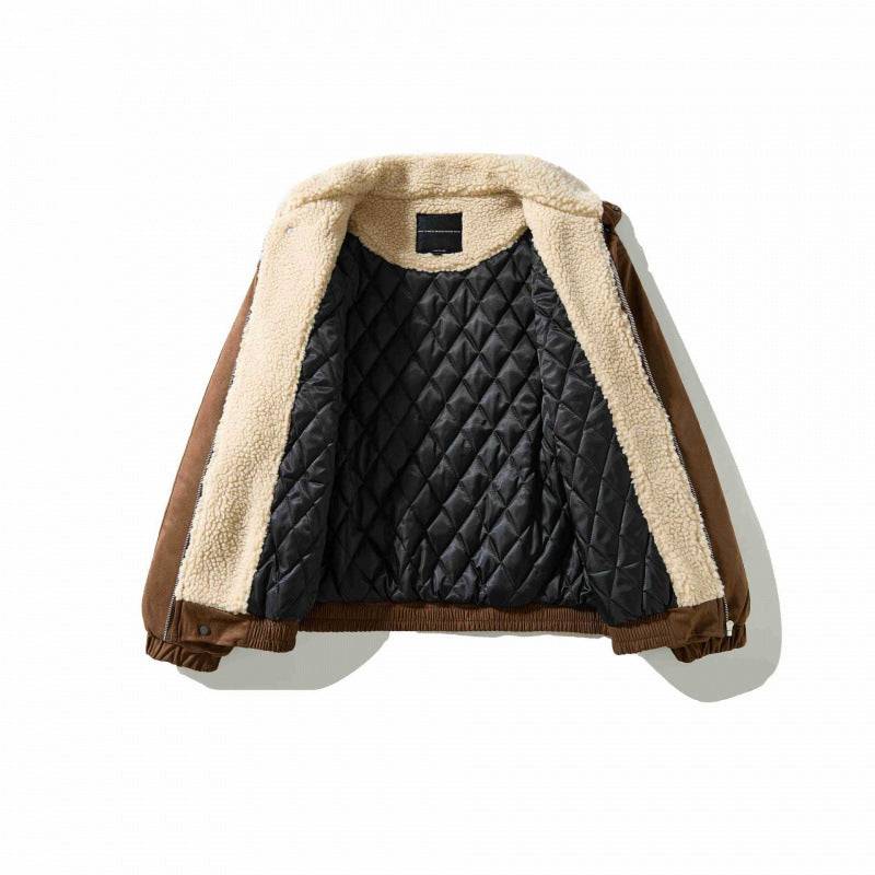 Men's Velvet Leather Look Bomber Jacket with High Stand Collar and Teddy Lining Chichicherry