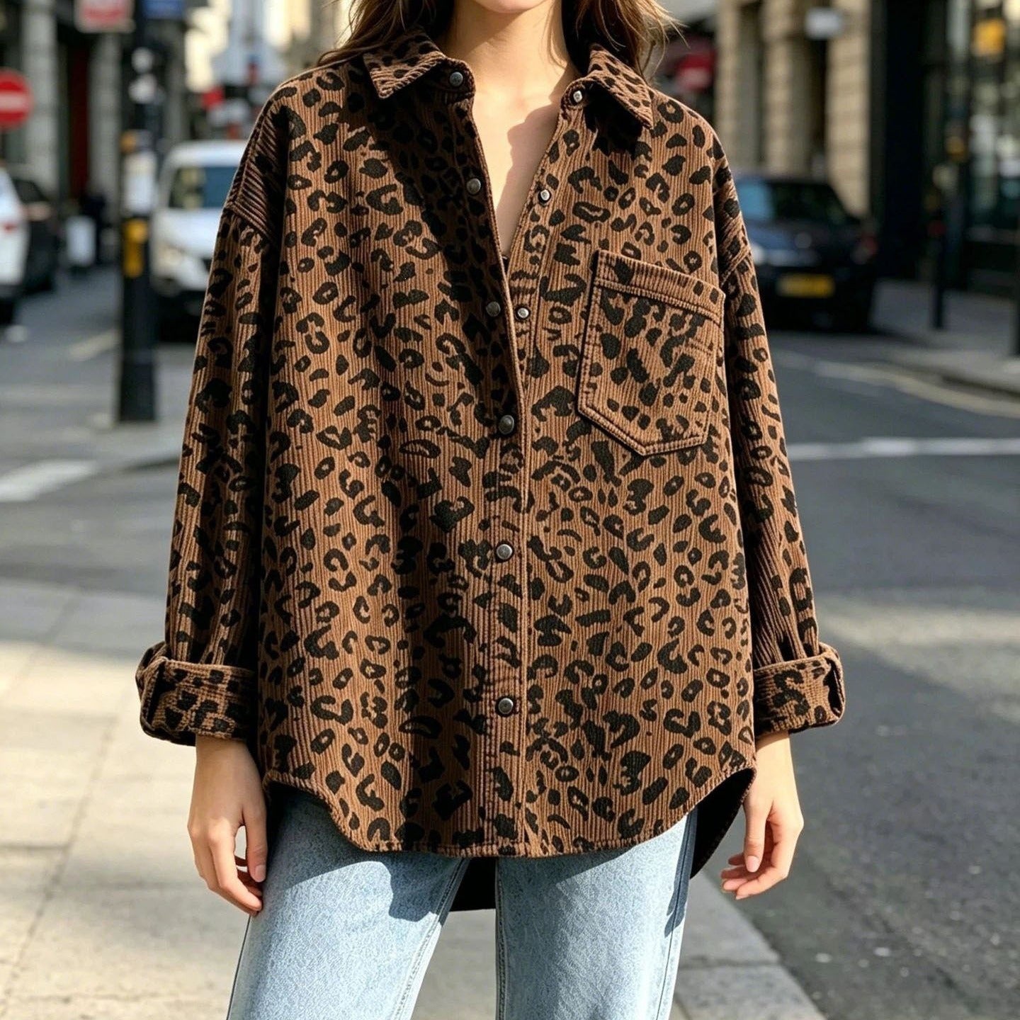 Women's Oversize Cord Shirt Jacket with Leopard Print and Snap Buttons Chichicherry