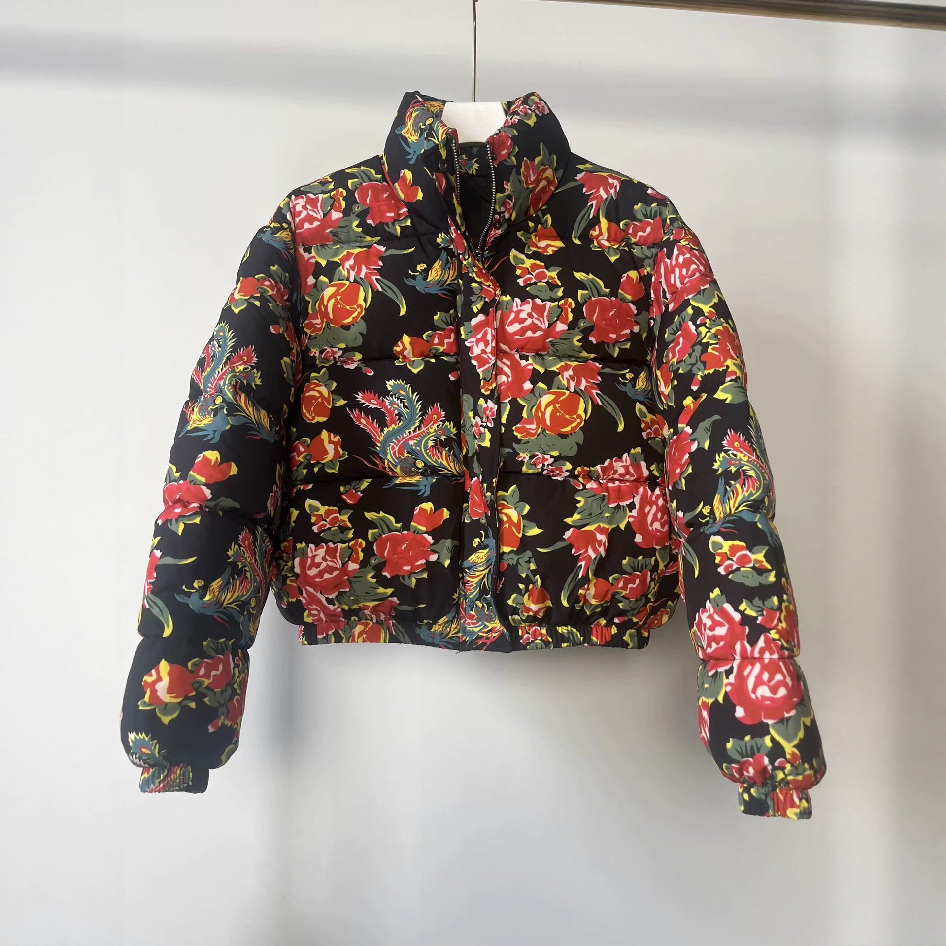 Women's Quilted Padded Short Jacket with Floral Allover Print and Stand-Up Collar Chichicherry