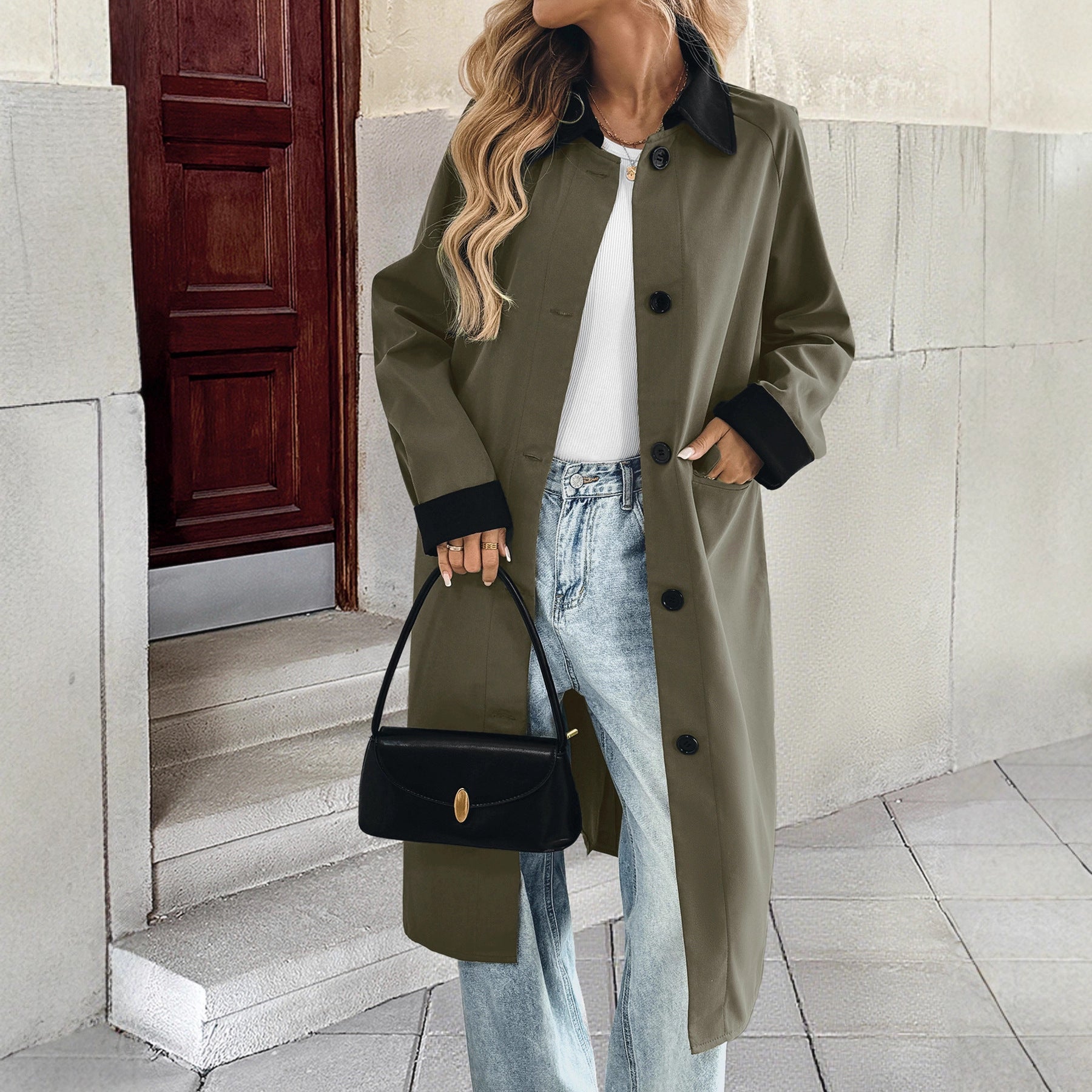 Women's long trench coat with contrast collar and cuffed sleeves Chichicherry