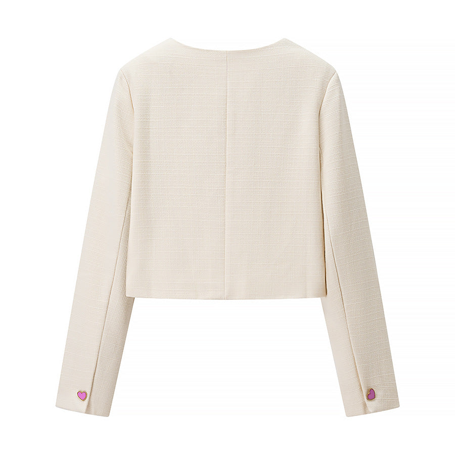 Women's Tailored Boucle Short Blazer with Curved Button Placket and Heart Buttons Chichicherry