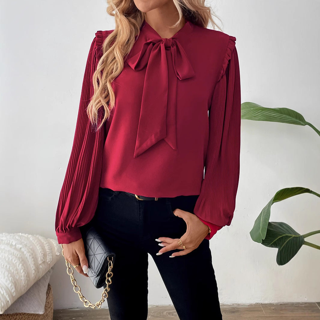 Ladies Elegant Chiffon Blouse with Bow Collar and Pleated Sleeves Chichicherry