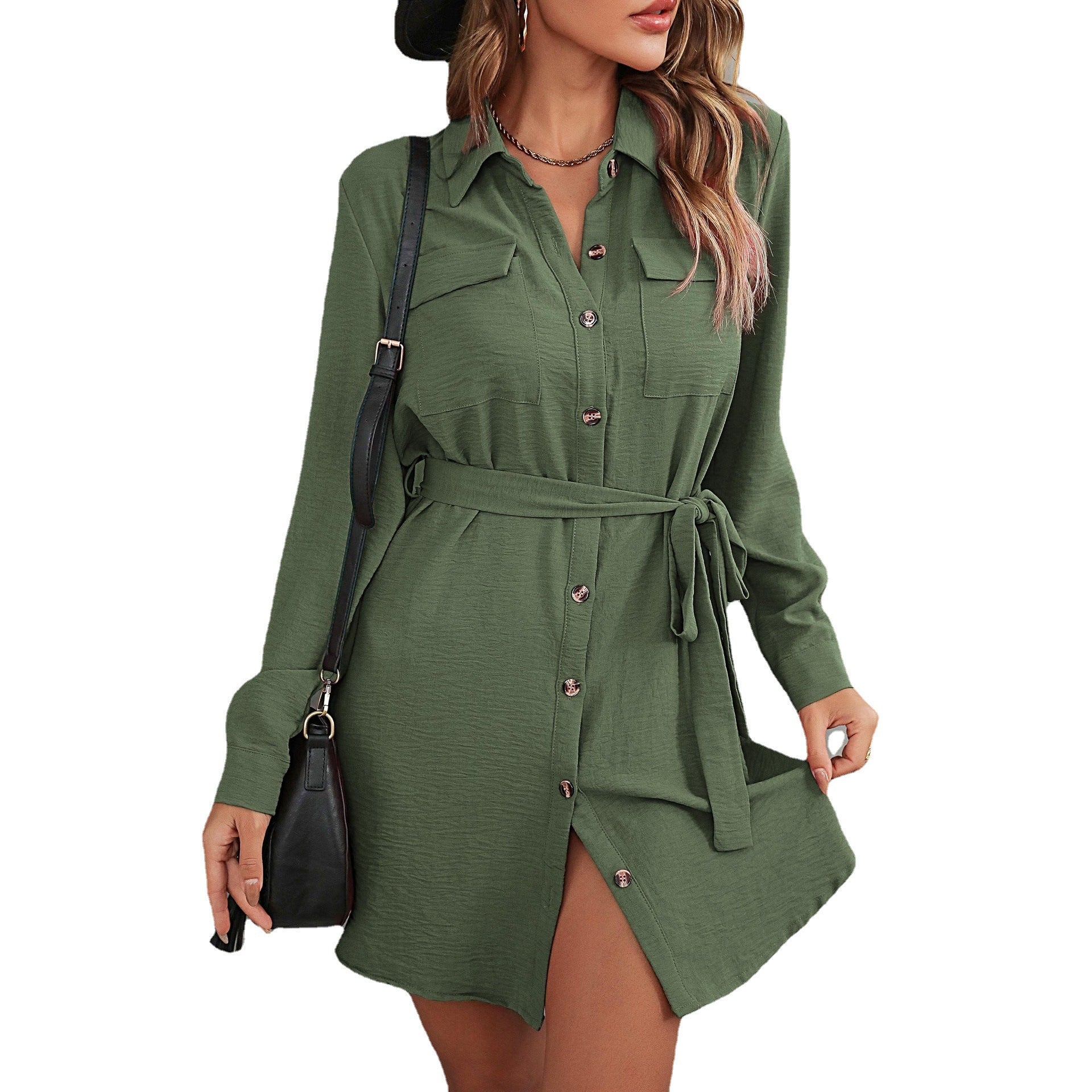 Women's Loose Shirt Blouse Mini Dress with Waist Belt and Patch Breast Pockets Chichicherry