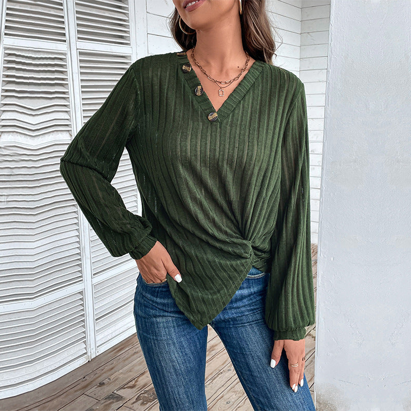 Women Tailored Ribbed Long Sleeve with V-Neck, Button Placket and Twist Knot Chichicherry