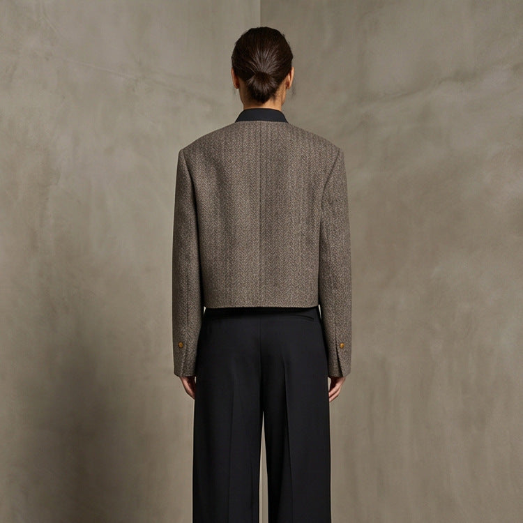Ladies Short Cut Wool Blazer with Stand-up Collar and Herringbone Pattern Chichicherry