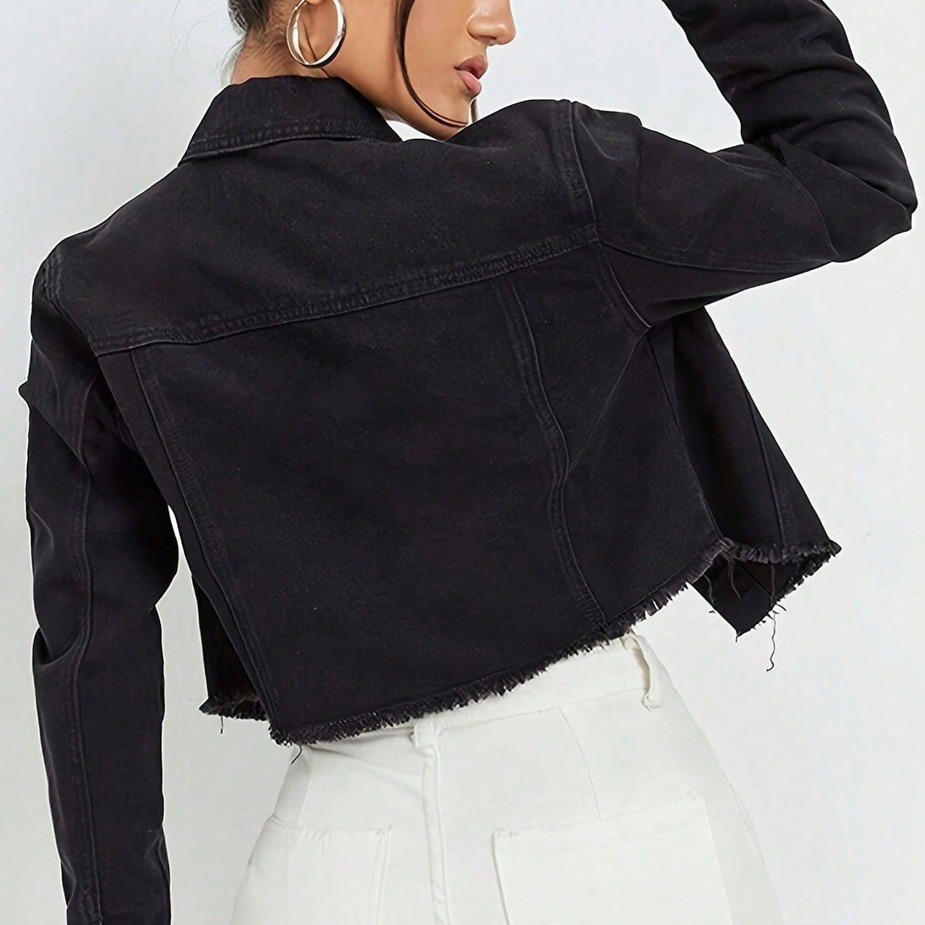Women Cropped Denim Jacket with Beaded Collar and Raw Fringe Hem Chichicherry
