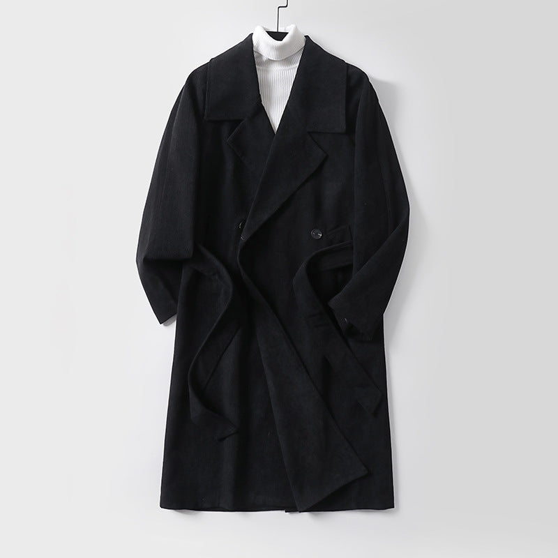 Men's Long Wool Coat with Tie Belt and Wide Lapels Chichicherry