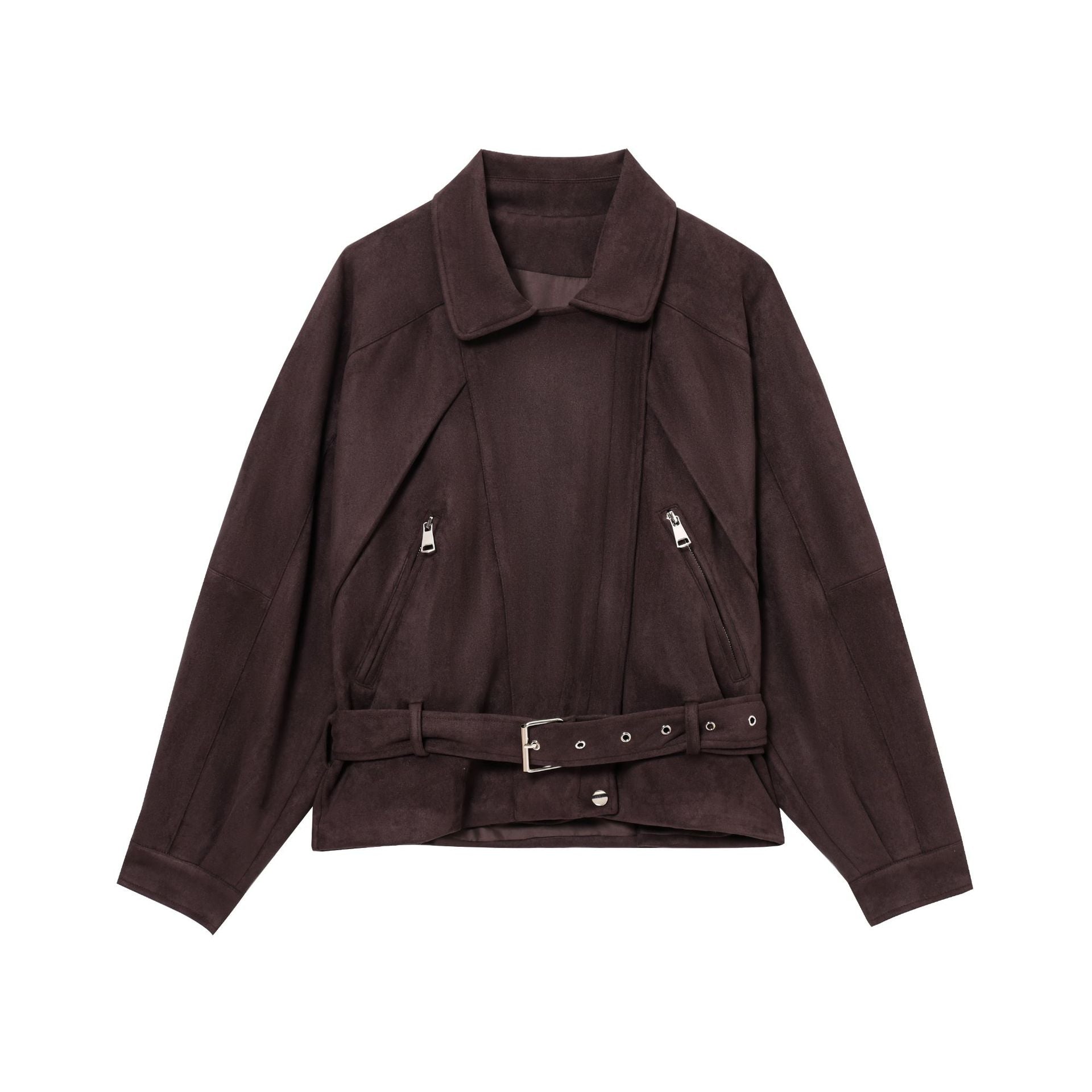 Women Short Suede Look Trench Coat with Waist Belt and Zipper Details Chichicherry