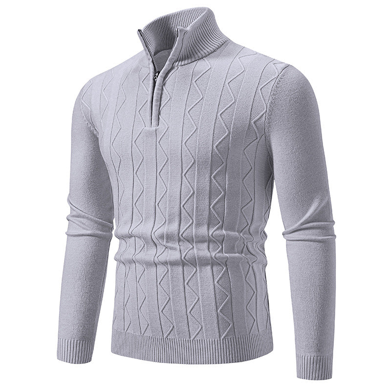 Men Slim-Fit Half-Zip Knit Sweater with Mock Neck, Cable Knit Pattern and Ribbed Cuffs Chichicherry