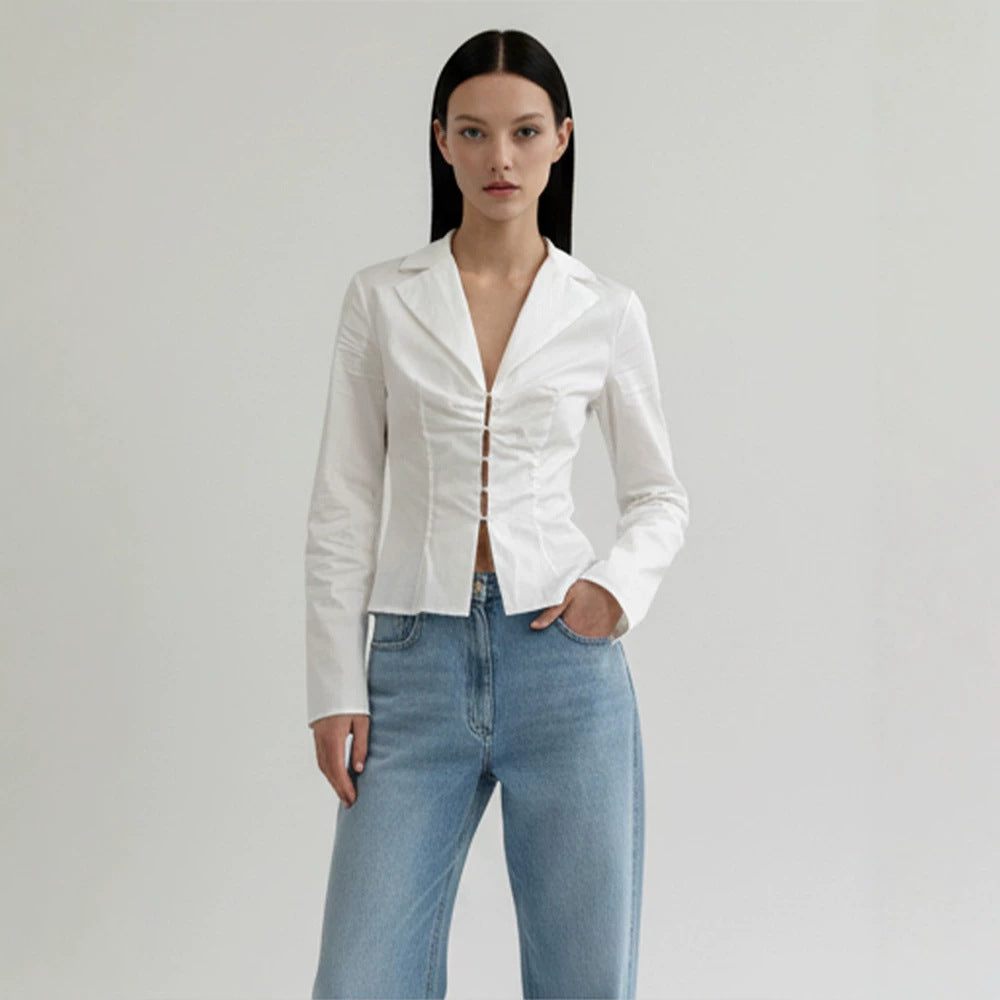 Women's Tailored Poplin Shirt Blouse with Corset Seams & Hook Front Chichicherry