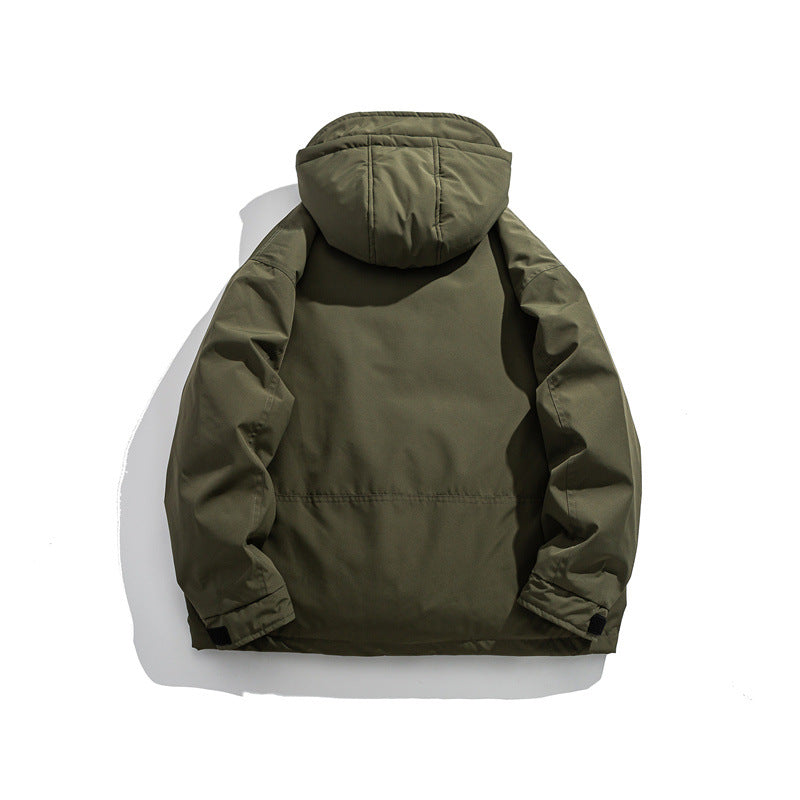 Men's short-cut weatherproof hybrid parka with hood, snap button placket and slanted zipper pockets Chichicherry
