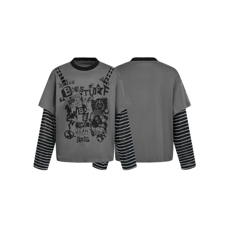 Women layered look long sleeve with graphic print, striped insert sleeves and decorative shoulder straps Chichicherry