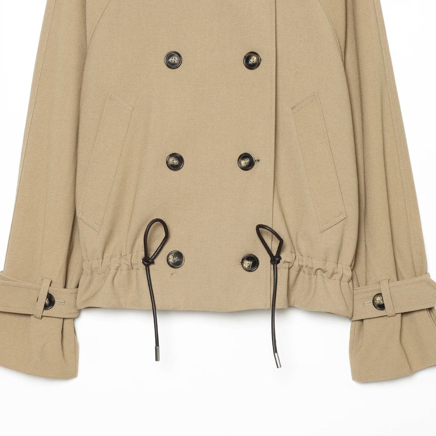 Women Cropped Trench Coat with High Funnel Collar, Raglan Sleeves and Drawstring Waistband Chichicherry