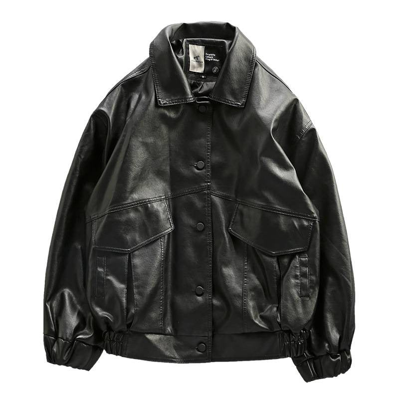 Herren Oversized Lederimitat-Utility-Jacke mit Pattentaschen und elastischem Saum Chichicherry